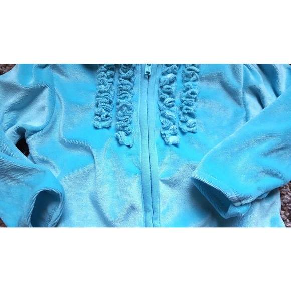 Girl's Size 6-9 M Months 3 Piece Blue Velour Hooded Jacket, Owl Top & Dot Pants - Picture 5 of 9